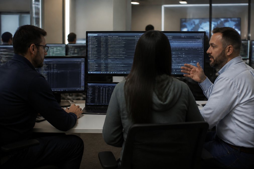 IT manager and security team reviewing security monitoring dashboards on multiple screens in modern SOC environment, with team members discussing alerts and incident response strategies