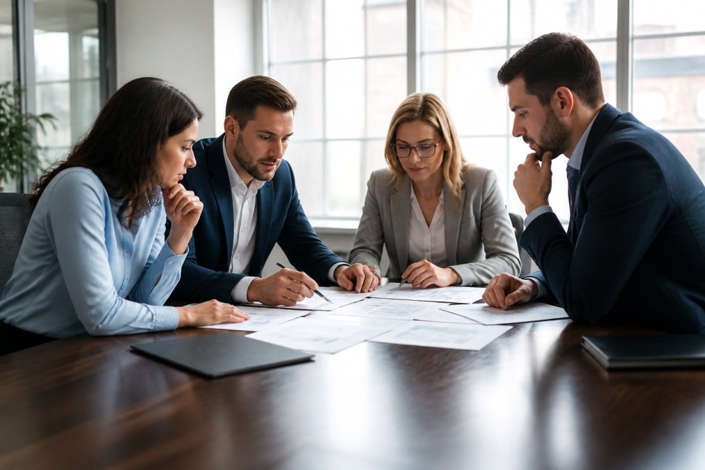 Business team in modern conference room reviewing IT strategy documents and managed service provider contracts on table, natural light from windows, collaborative discussion
