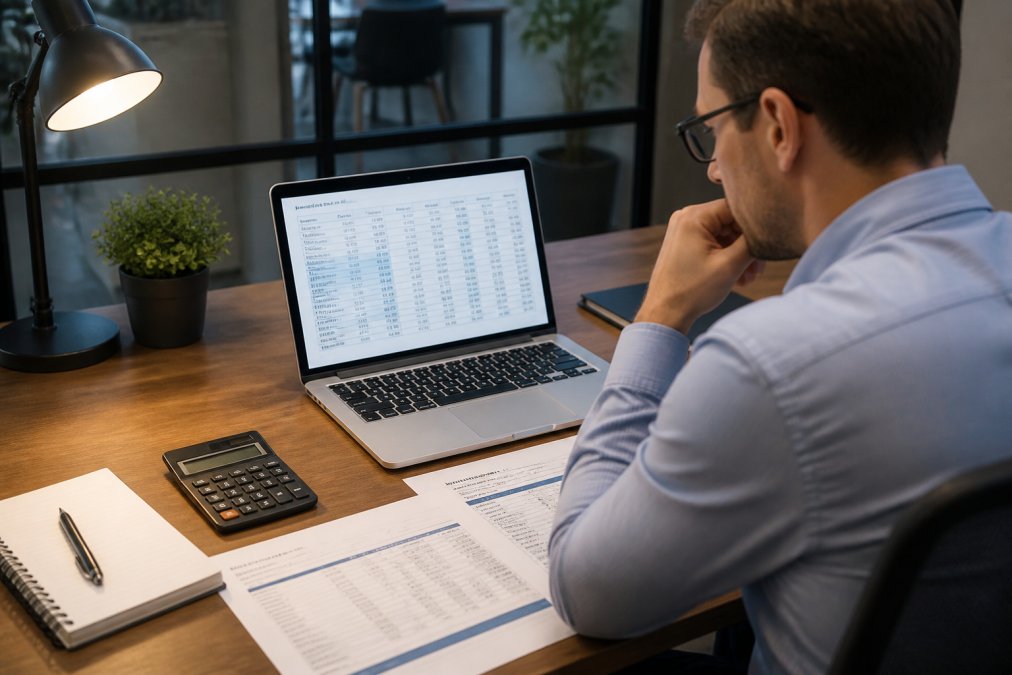 IT manager seated at desk with laptop displaying financial spreadsheet and managed services pricing documents, analyzing budget and ROI calculations, warm office lighting