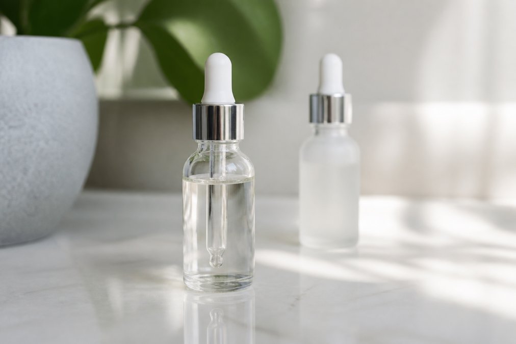 Two glass serum bottles with droppers on a clean white counter, soft natural light, one bottle labelled clearly while the other is slightly blurred in the background