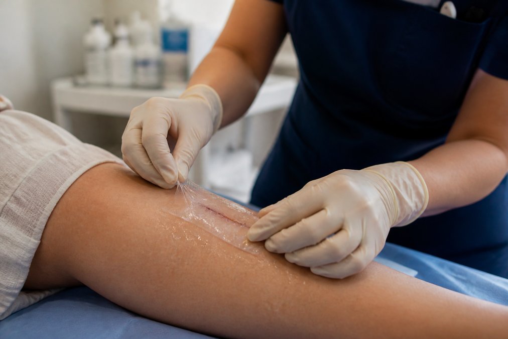 Healthcare professional carefully applying a transparent silicone film-forming wound dressing to a patient's arm after surgical closure, with proper sterile technique visible