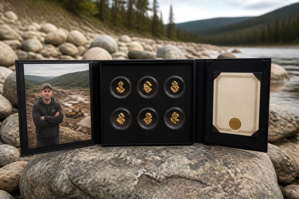 A handcrafted tri-fold display case containing raw placer gold flakes with a Certificate of Authenticity card, photographed against a rustic Yukon-themed background with natural lighting