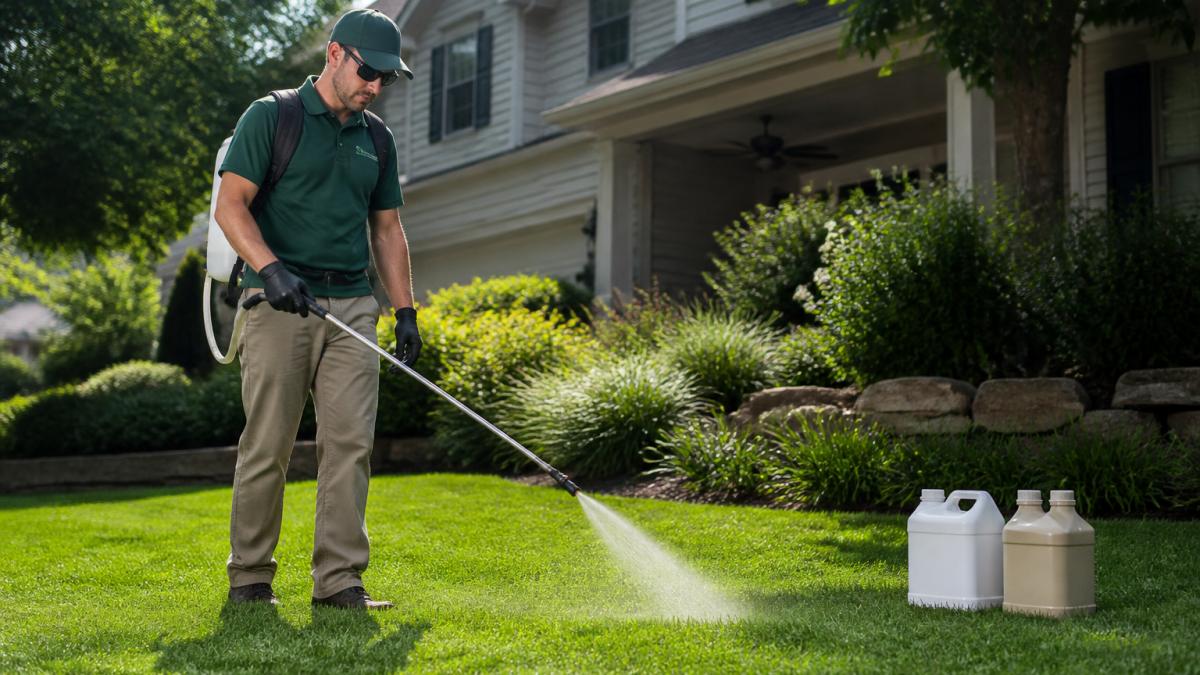 Professional lawn care technician in uniform applying organic treatment to a residential lawn on a sunny morning, with equipment and eco-friendly product containers visible