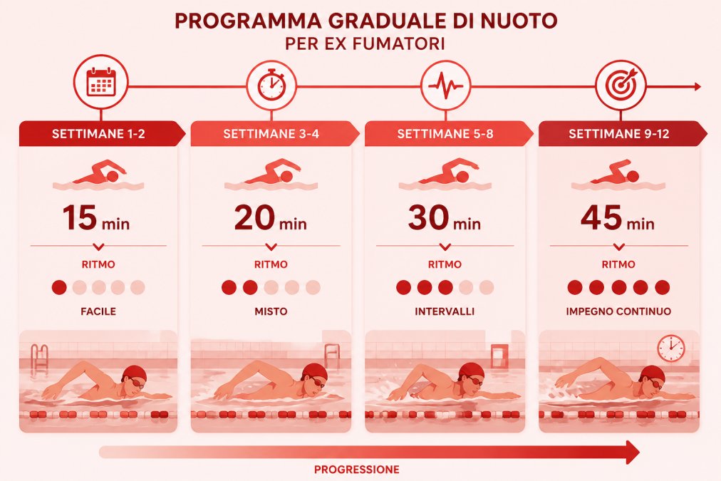 Timeline showing progressive swimming intensity for former smokers over 8-12 weeks: Week 1-2 (15 min easy pace), Week 3-4 (20 min mixed pace), Week 5-8 (30 min with intervals), Week 9-12 (45 min sustained effort)