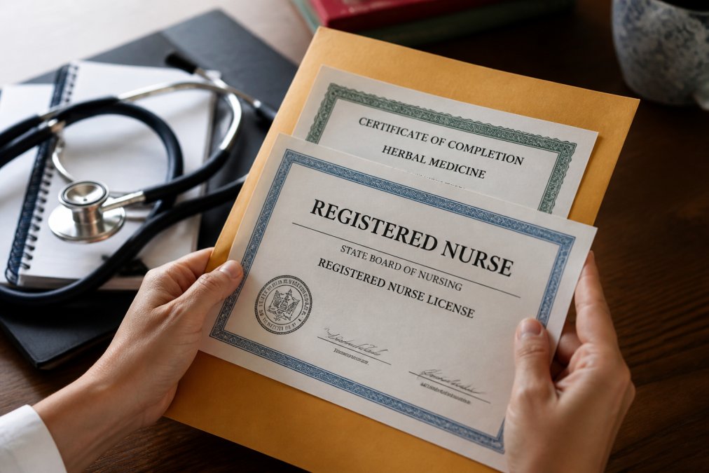 Close-up of hands holding a professional nursing license and certification documents on a wooden desk with a stethoscope nearby