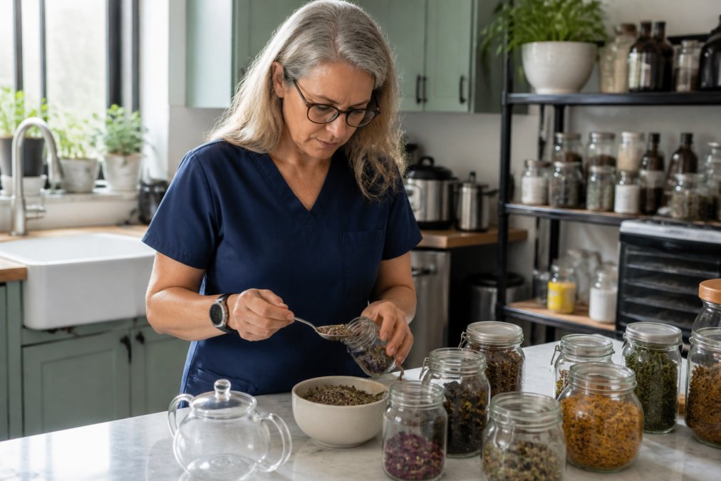 Registered nurse in clinical setting carefully preparing herbal tea blend from fresh dried botanicals in a professional kitchen workspace