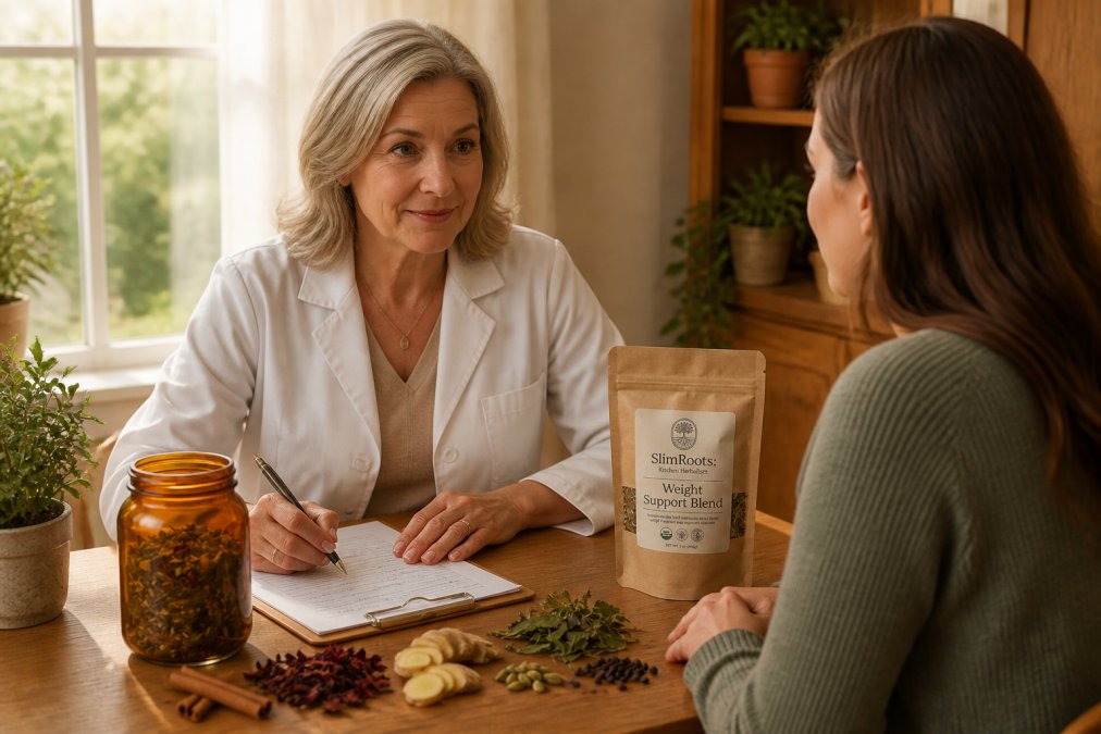 Registered nurse sitting across from client in warm, calm consultation room with soft natural lighting, reviewing health history notes and discussing wellness goals on a wooden desk