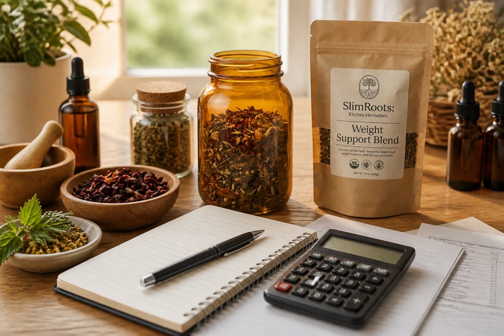 Close-up of various dried herbs, herbal tea blends, and tincture bottles arranged on wooden surface with natural window lighting, representing quality botanical products used in formulations
