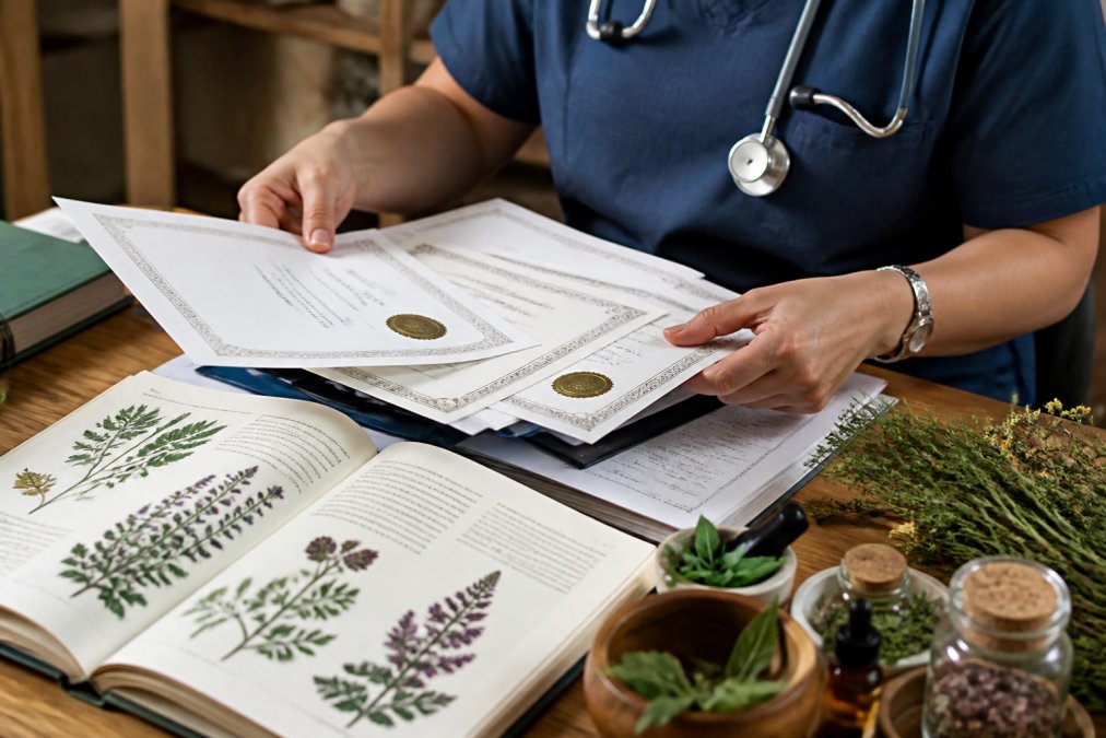 Professional reviewing official nursing credentials and herbalist certification documents on a wooden desk with a stethoscope and botanical reference materials