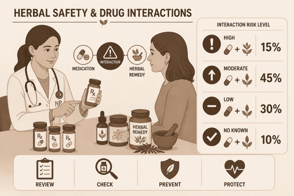 Nurse practitioner in clinical setting reviewing medication bottles and herbal remedy containers with a patient, discussing potential interactions on a consultation table