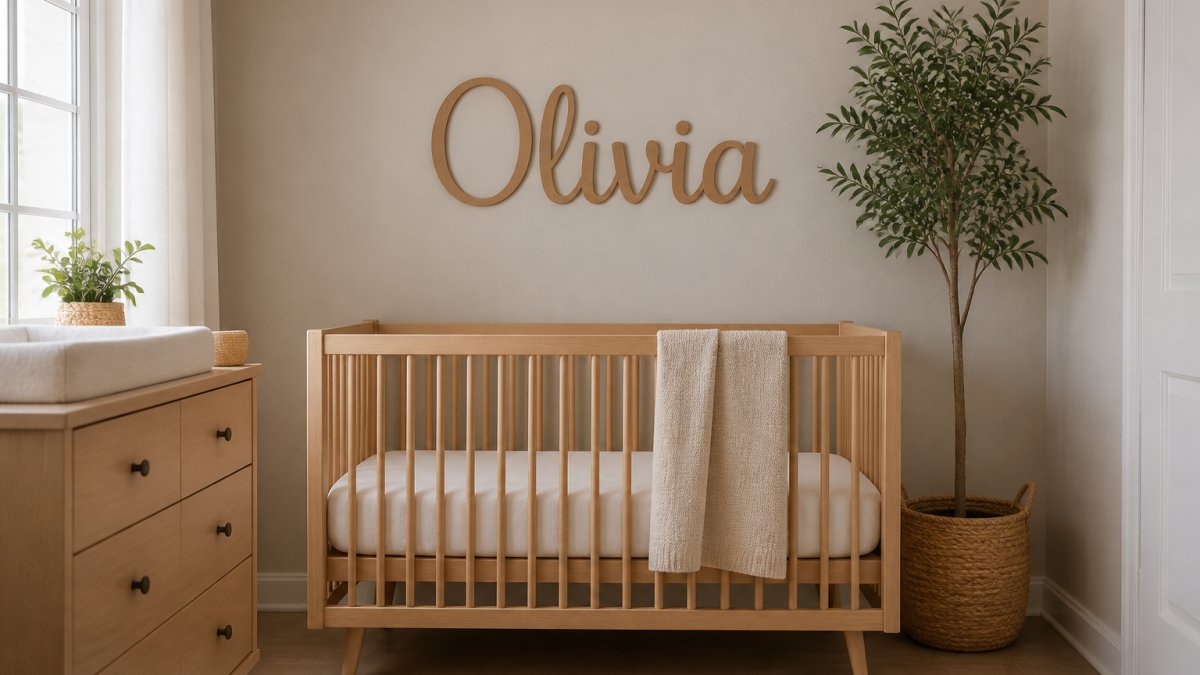 Serene nursery with soft neutral walls, natural wood furniture, and personalized wooden name letters above a crib, showing how timeless design elements work together