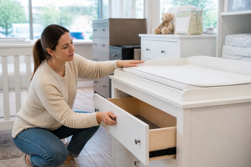 Parent examining a nursery changing table in a retail showroom, carefully checking drawer functionality and testing the height with their hand, bright natural light from store windows