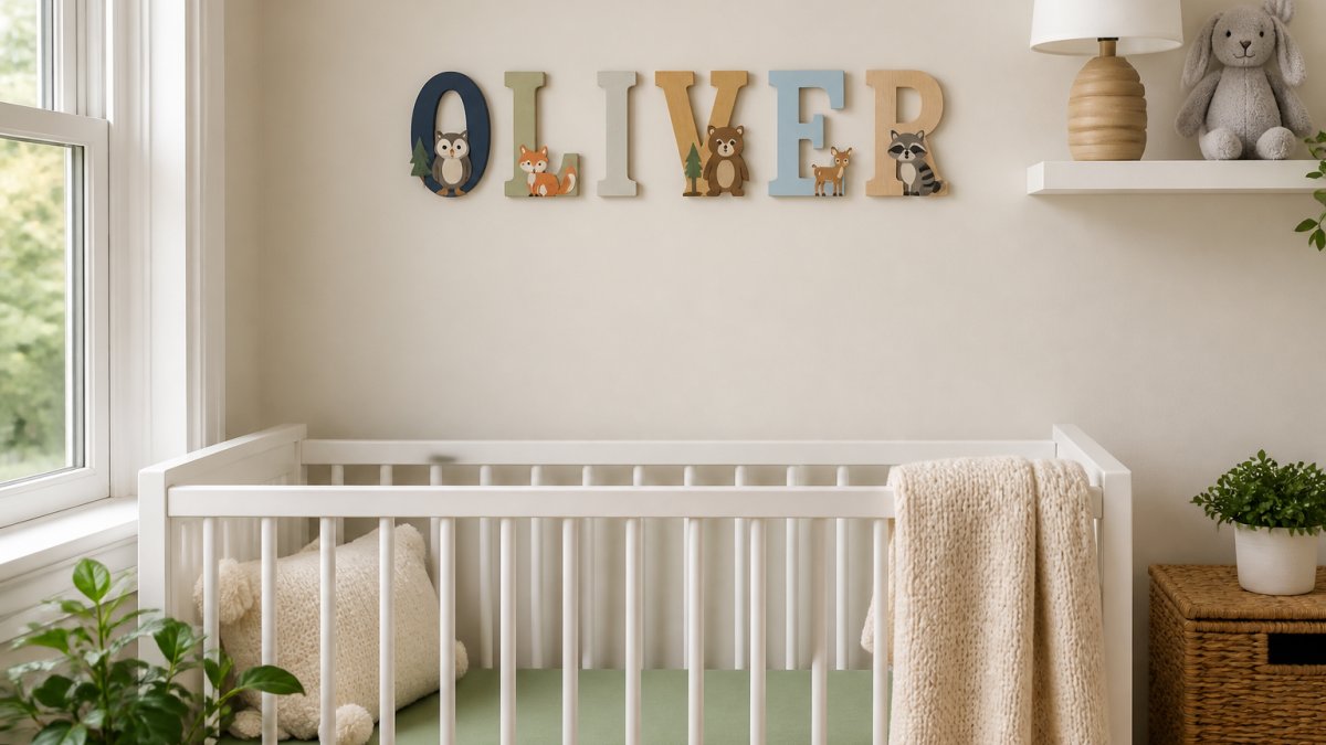 Hand-painted wooden name letters securely mounted on a pale wall above a crib in a bright nursery corner