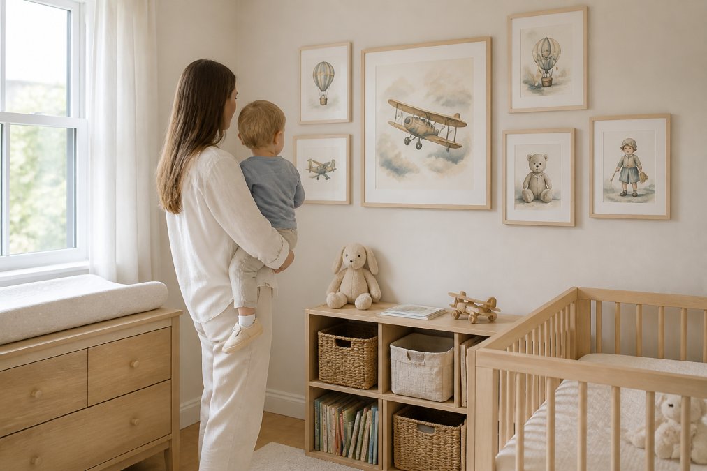 Parent and toddler standing together in a bright, minimalist nursery, looking at a gallery wall of watercolor prints and framed art in neutral tones, soft natural light from a window illuminating the space