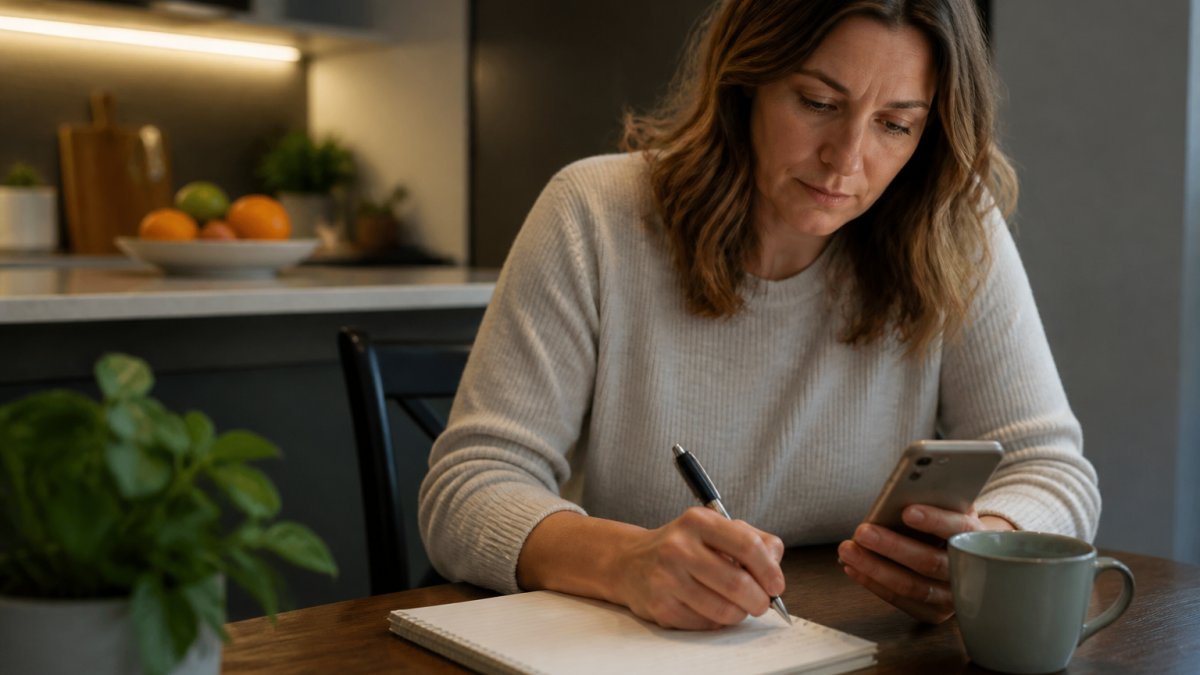 A woman in her forties in comfortable clothes sitting at a kitchen table in the evening, entering notes on her phone beside a paper symptom diary and a cup of tea