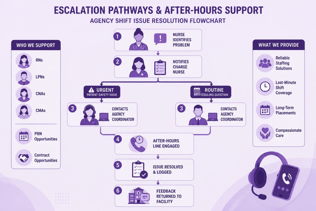 Flowchart of an escalation path for an agency shift issue: nurse identifies problem, notifies charge nurse, contacts agency coordinator, after-hours line engaged, issue resolved and logged, feedback returned to facility. Show decision branches for urgent patient-safety issue versus routine scheduling question.