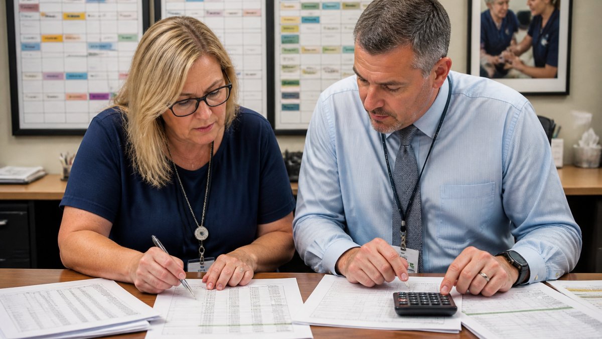 Finance manager and nursing director reviewing nursing agency pricing spreadsheets in a facility office.