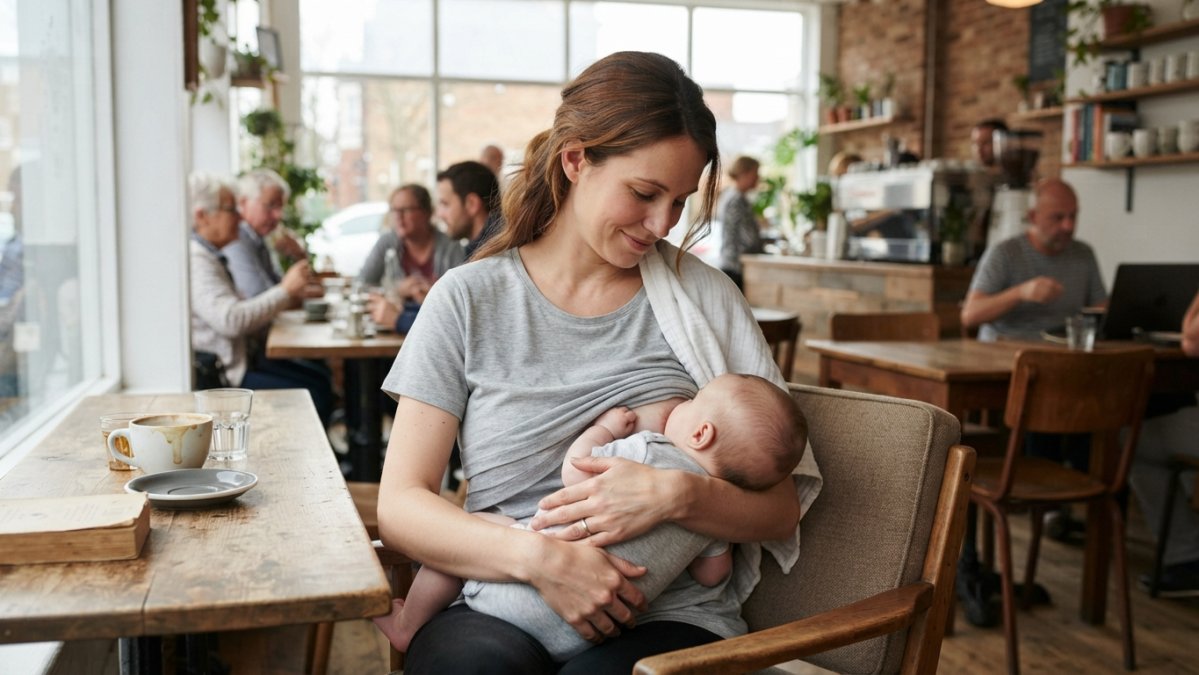 Mother wearing a soft, relaxed top while discreetly breastfeeding her baby in a bright coffee shop