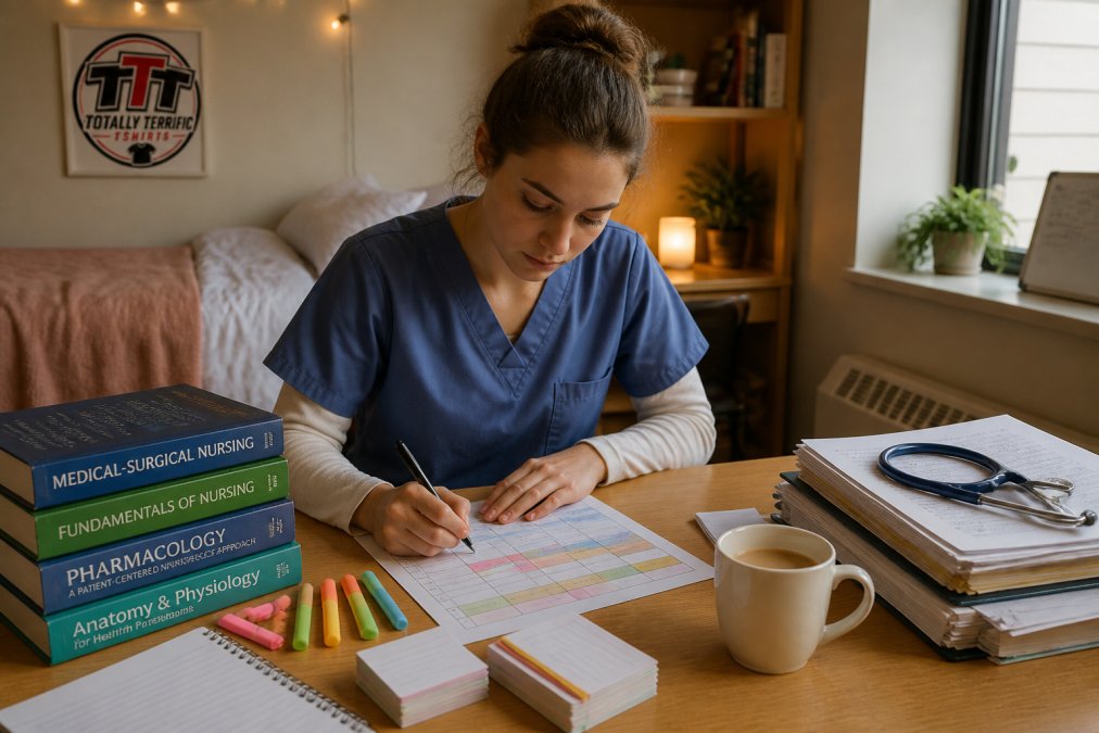 Nursing student at a desk with a planner and textbooks preparing for nursing school survival in a cozy dorm room
