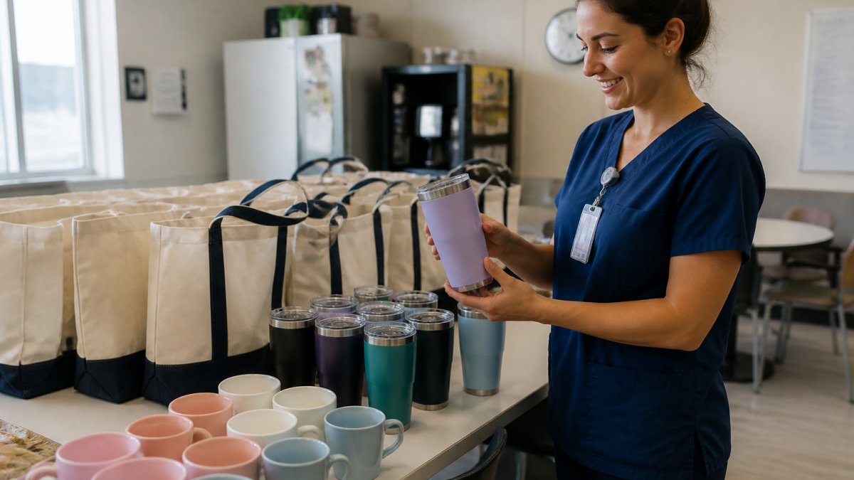 A hospital break room table covered with a row of nurse-themed tumblers, ceramic mugs, and tote bags arranged as a gift station, with a nurse in scrubs picking one up and smiling