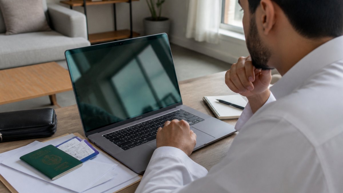 Personne utilisant un ordinateur pour une inscription Nusuk fiable 2027 avec des documents administratifs.