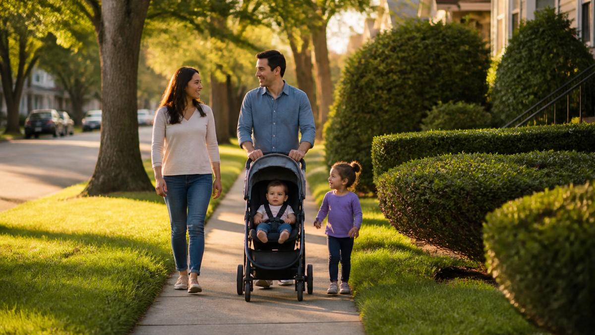 A family with young children walking along a tree-lined suburban sidewalk with well-manicured lawns and a stroller, warm afternoon light, New Jersey residential neighborhood