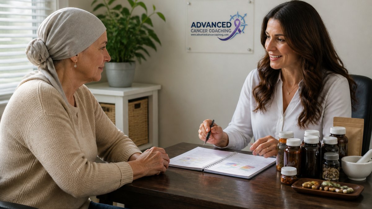 Patient in consultation with healthcare provider reviewing nutrition notes and supplement bottles on a desk, with warm supportive lighting in a clinical setting