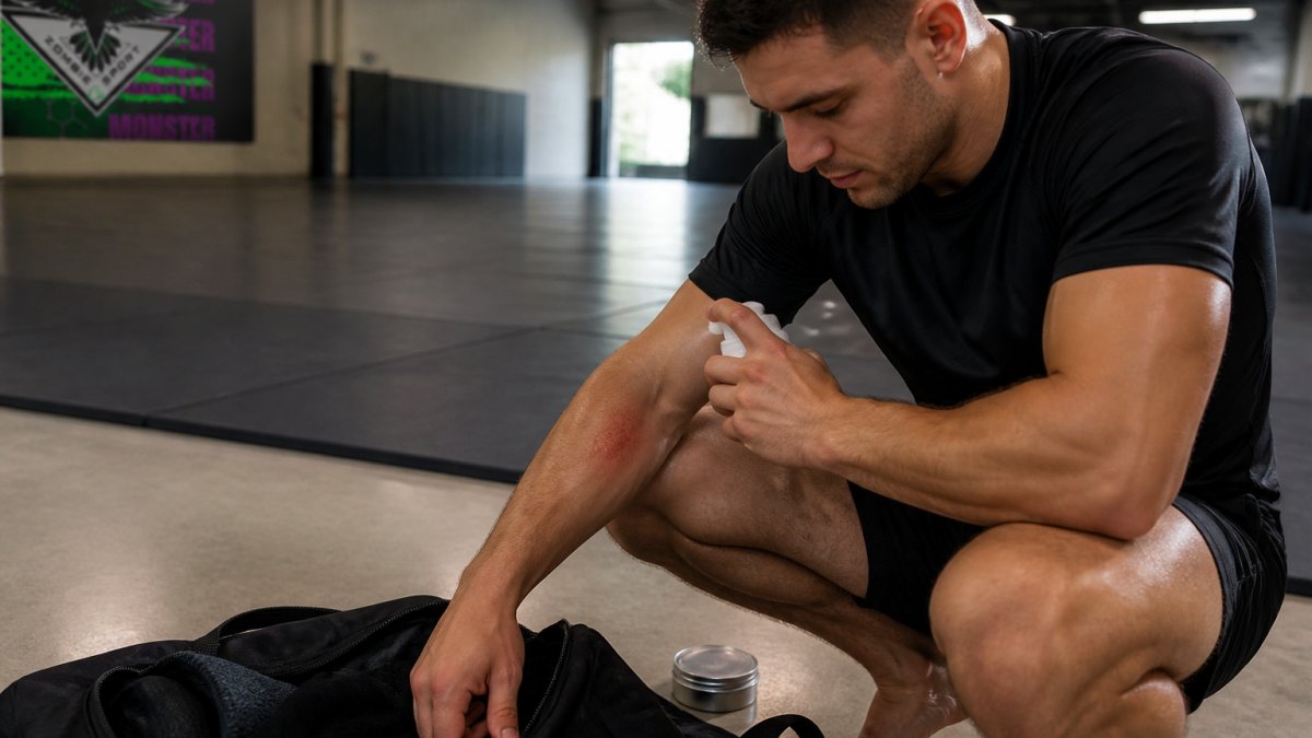 A combat athlete crouched beside an open gym bag on a training floor, holding a small spray bottle and spraying a mat burn on their forearm from a short distance, no hand contact with the skin, gym mats visible behind them under overhead gym lighting