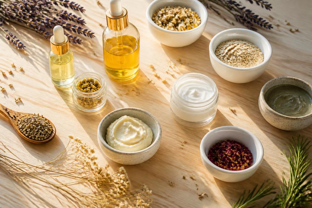 Flat-lay arrangement of natural skincare products including glass bottles, ceramic jars, and botanical ingredients like dried flowers and plant matter on a light natural wood surface with soft morning sunlight