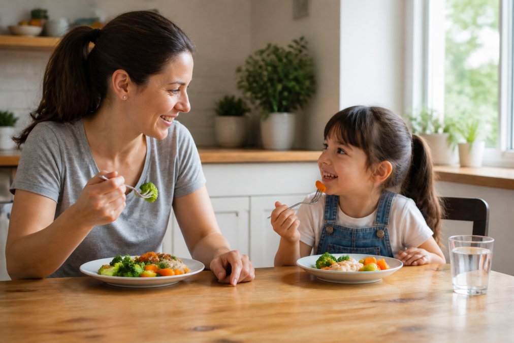 Infographic process for picky eaters nutrition showing a parent and child enjoying a balanced meal together.