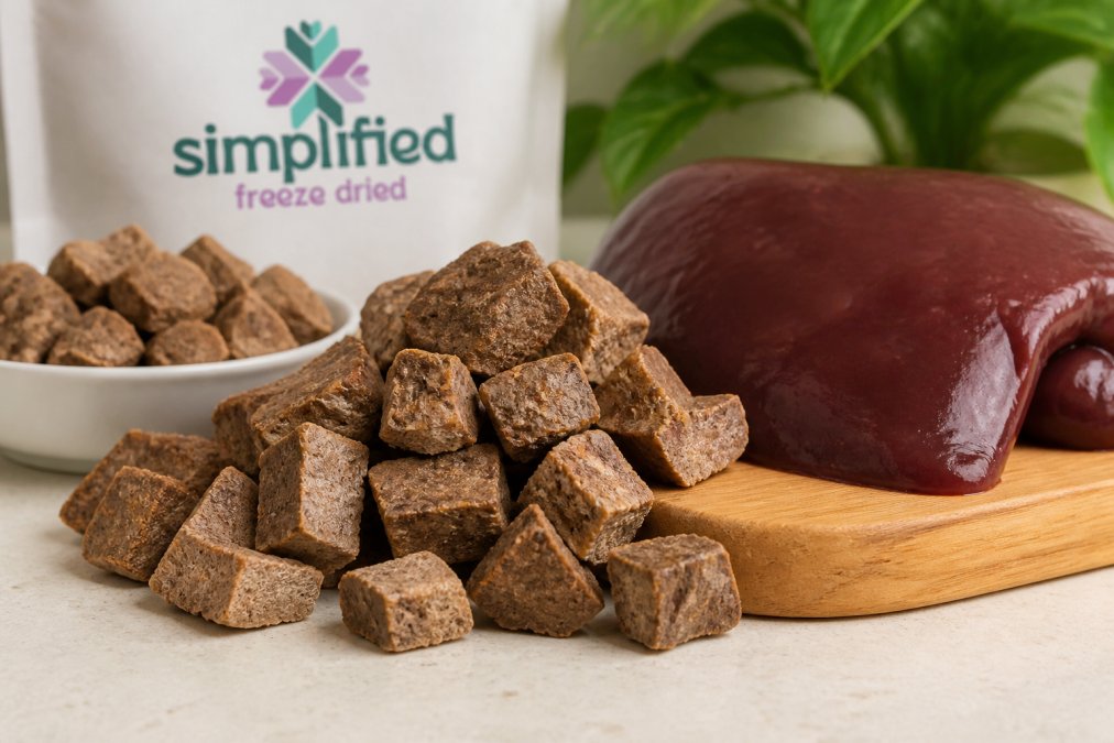 Close-up of freeze-dried beef liver treats showing individual pieces with a rich, dense texture, displayed alongside a fresh beef liver sample on a neutral surface with natural lighting