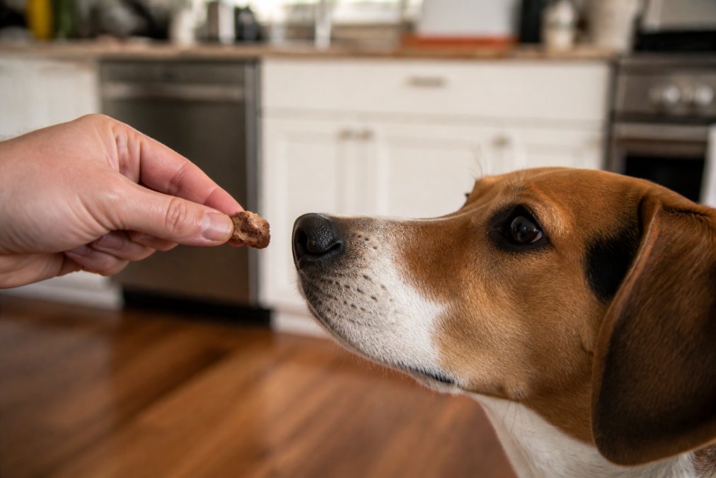 A close-up of a person's hand offering a small, freeze-dried beef liver treat to a dog's nose, with a blurred background of a kitchen