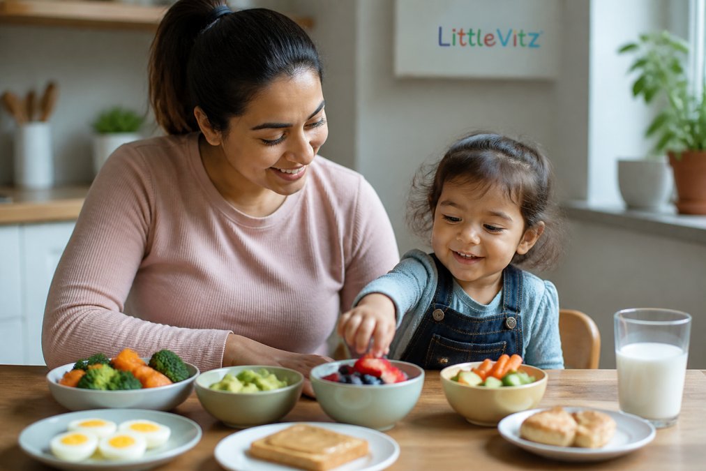 A parent and toddler sitting at a bright kitchen table with small colourful bowls of food, the toddler smiling and reaching for a piece of fruit