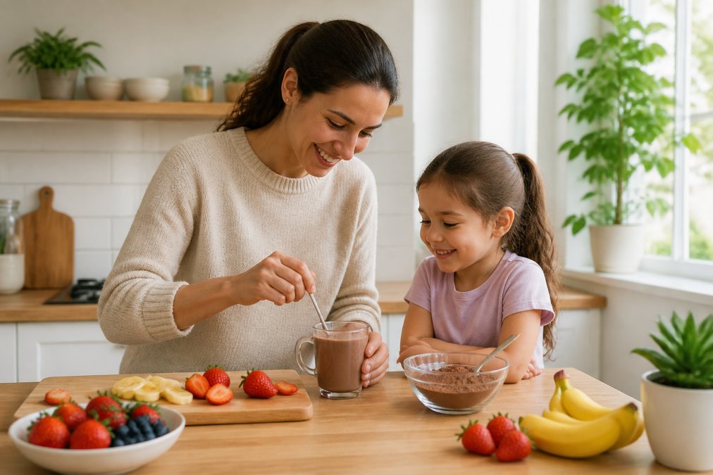 Parent stirring nutritional powder into milk for a smiling child in a bright, fruit-filled kitchen.