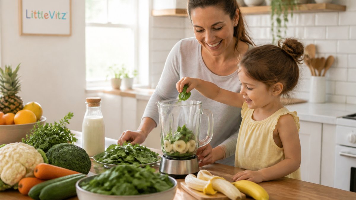 Parent and child smiling while blending spinach and banana for a healthy green smoothie in a sunny kitchen.