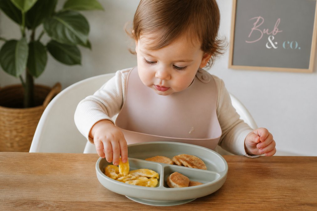 A toddler sitting in a highchair using a pincer grasp to pick up soft-cooked egg strips and whole grain pancake pieces from a divided silicone suction plate on a clean wooden table, with a silicone bib catching crumbs