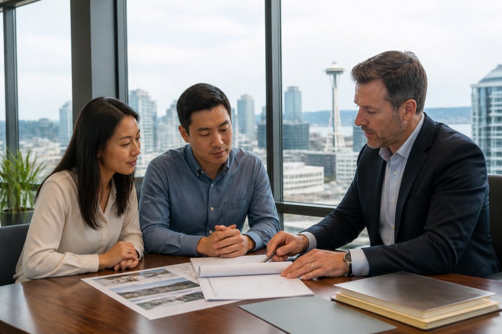 A real estate professional sitting across a desk from a couple, reviewing property documents in a bright, modern office with floor-to-ceiling windows and a city view in the background