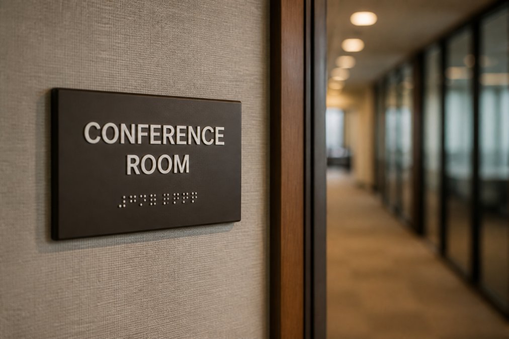 Close-up of a professionally installed ADA-compliant sign with raised lettering and Braille mounted on a commercial building wall, with a softly blurred office corridor in the background and warm overhead lighting