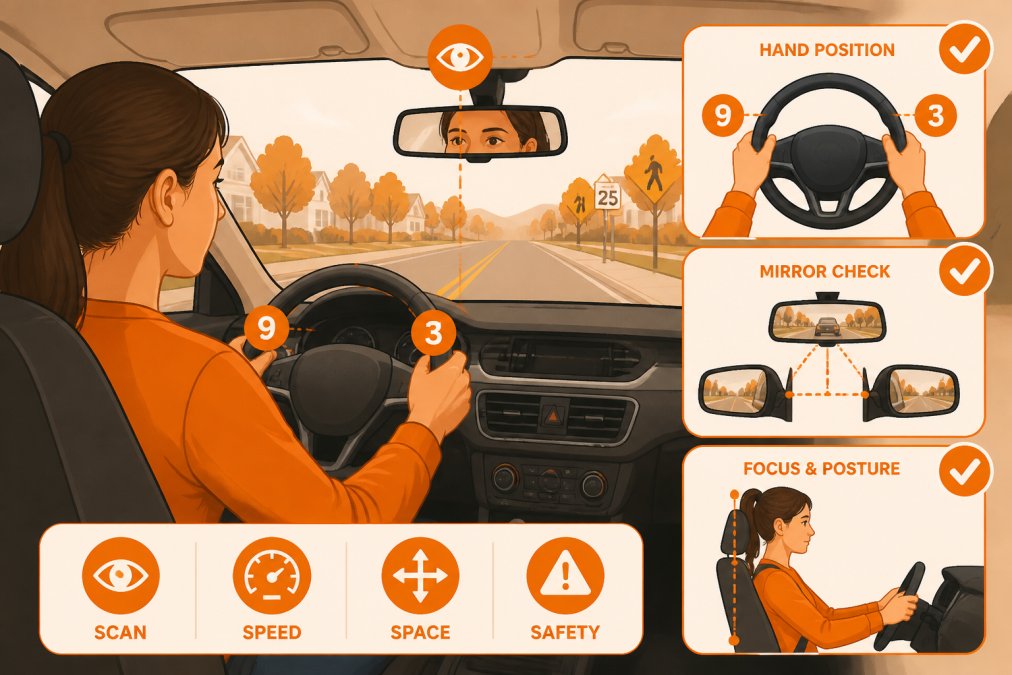 Student driver at the steering wheel during a road test preparation session in a car on a suburban road, demonstrating proper hand position at 9-and-3 on the steering wheel, focused posture, and mirror awareness
