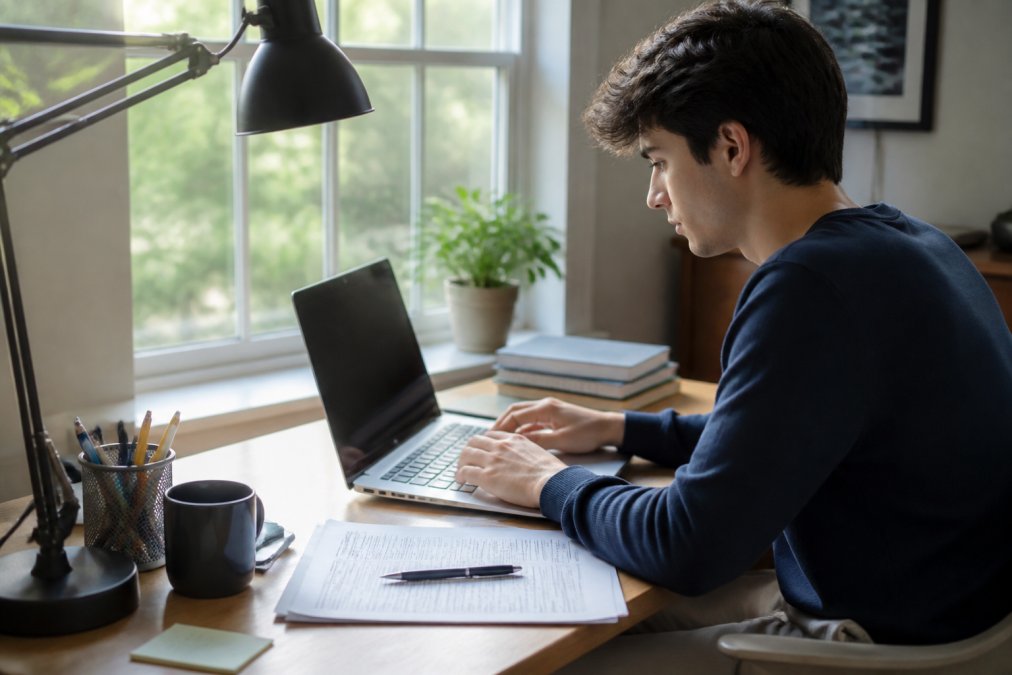 Young adult sitting at a desk with a laptop and documents, carefully filling out an online registration form for a driving course, natural light from a window illuminating the workspace