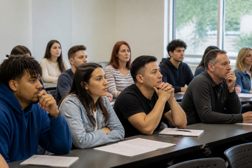 Diverse group of students seated in a bright, modern classroom setting attentively watching an instructional video about traffic rules and defensive driving displayed on a large wall-mounted screen