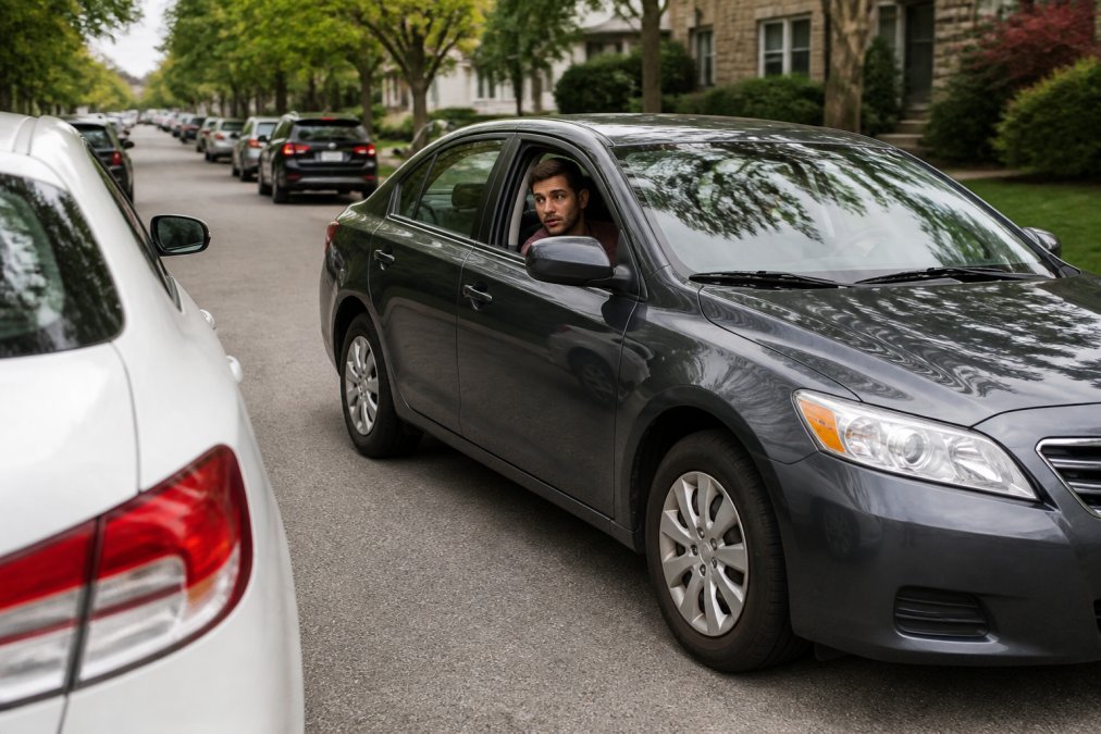 Professional driver performing parallel parking maneuver on a residential street, hands on steering wheel, focused expression, clear visibility of the vehicle and surrounding parked cars