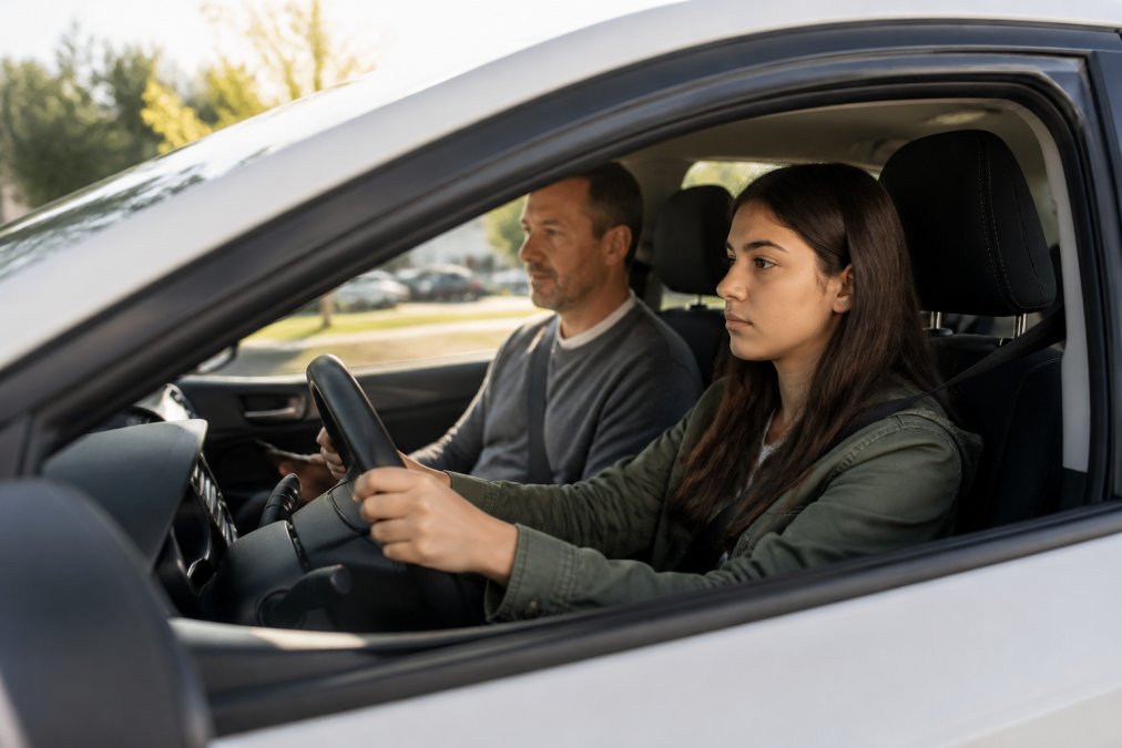 Young nervous student driver gripping the steering wheel with focused concentration while an examiner in the passenger seat observes, both watching the road ahead during a practical driving test in daylight