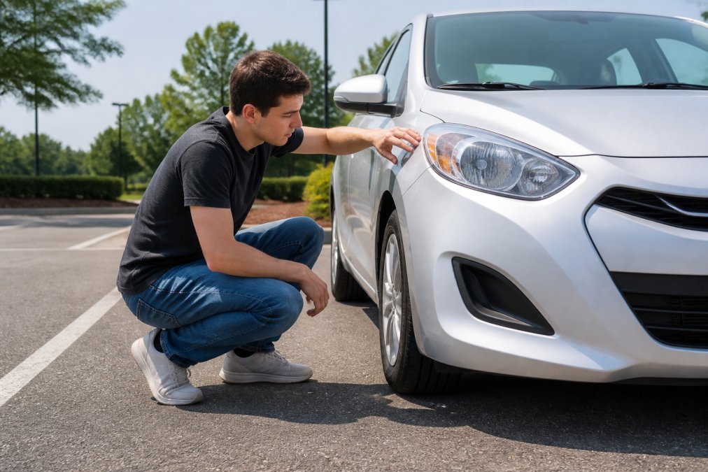 Calm, confident young driver in casual clothing checking the vehicle's headlights and tires during a thorough pre-trip inspection in a sunny parking lot, methodically moving around the vehicle