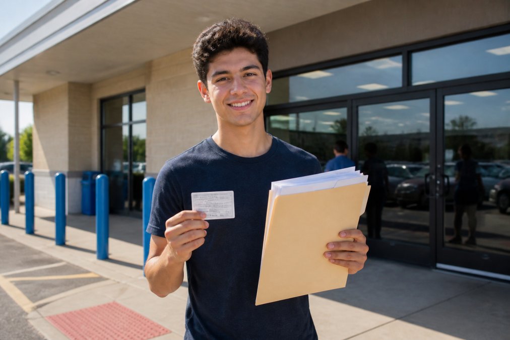A young adult holding a learner permit and a folder of documents while standing outside a DMV office in bright daylight