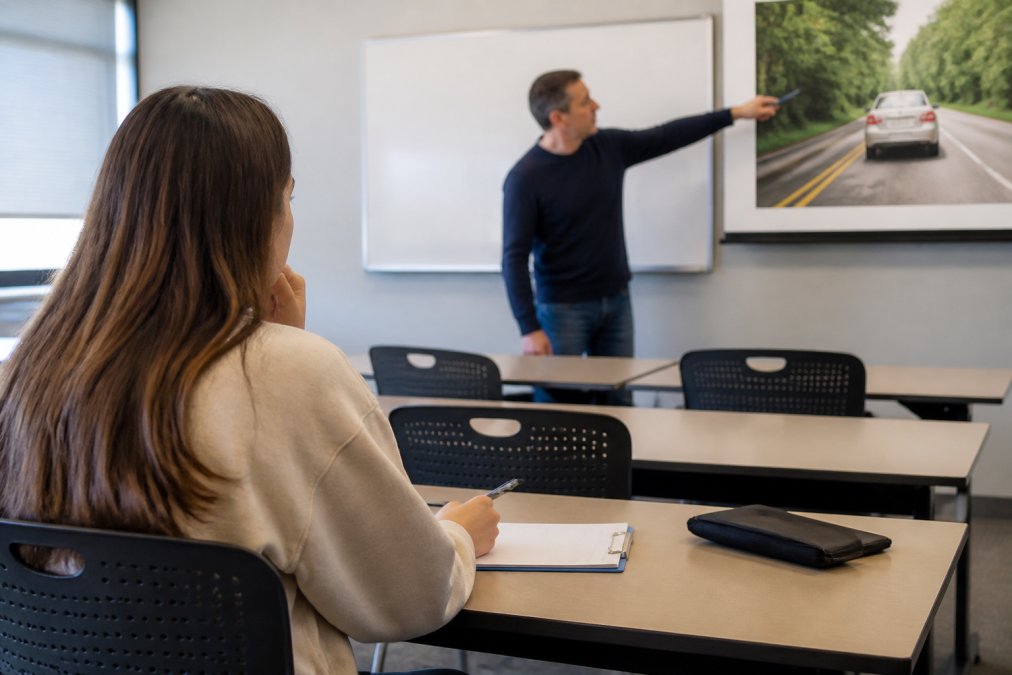 A young adult student sitting at a desk in a bright, modern classroom, attentively watching a driver education presentation on a screen at the front of the room, with a pen and notepad on the desk in front of them