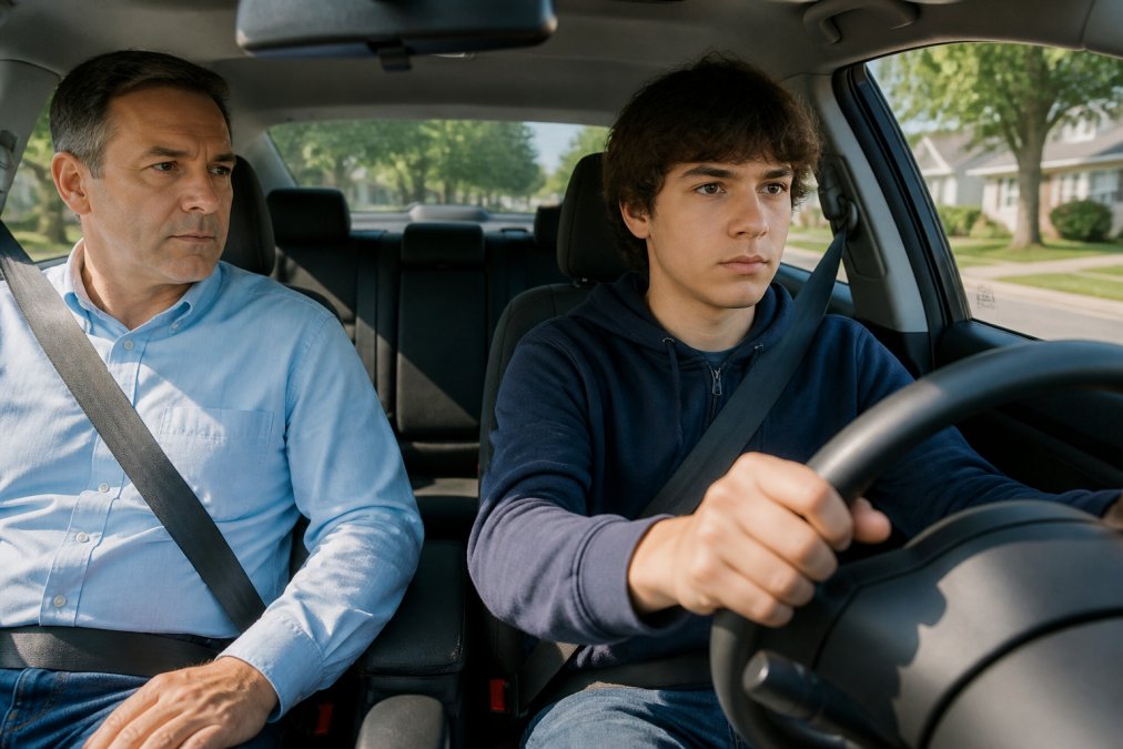 A focused teenage driver gripping the steering wheel in the front seat of a dual-control driving school car on a quiet suburban street, with a calm instructor seated beside them observing, in bright afternoon light
