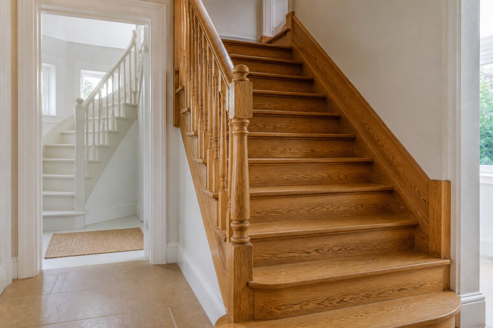 A bright hallway with an oak staircase, showing warm golden-brown grain on the treads and a painted pine staircase visible through a doorway in the background, natural daylight from a window