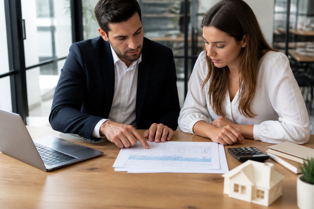 A real estate professional and client reviewing property investment documents at a modern office desk with a laptop and calculator