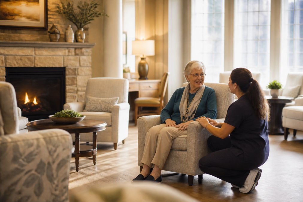 A warm, sunlit common area in a senior living community with comfortable armchairs arranged around a stone fireplace, a staff member kneeling beside a seated resident mid-conversation, soft afternoon light through tall windows